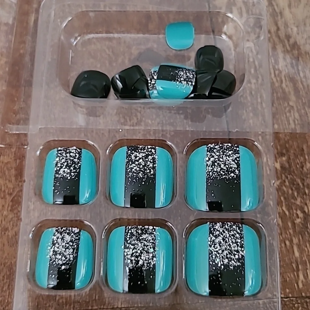 2/$16 Blue Black Glitter Press On Toenails